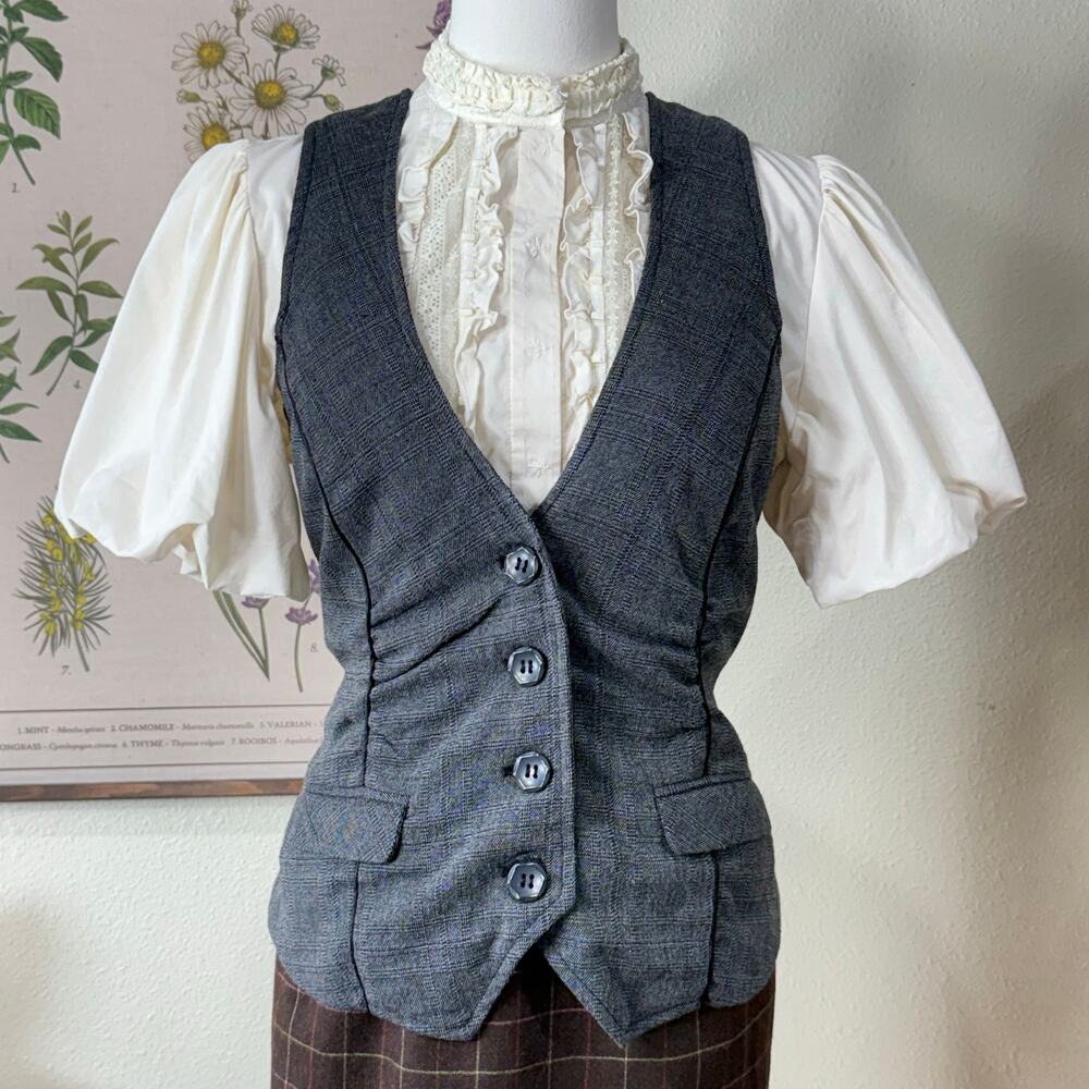 Y2k Gray Plaid Ruched Button Up Vest Academia Preppy Heritage Gloomy Coquette L